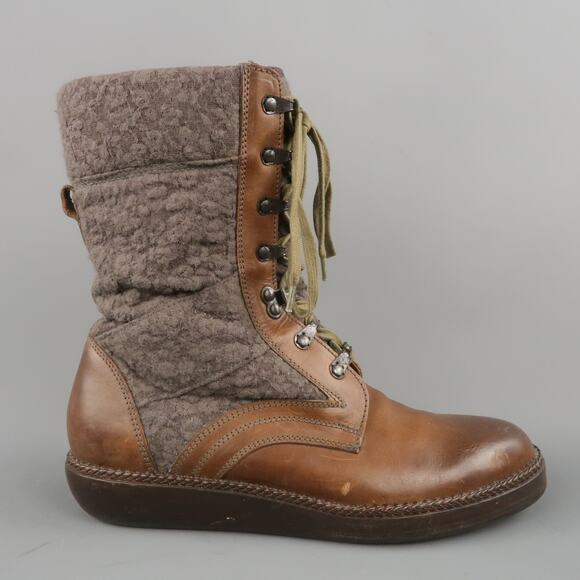 LANVIN Size 7 Brown  Leather & Textured Lace Mid Calf Combat Boots - Picture 1 of 1
